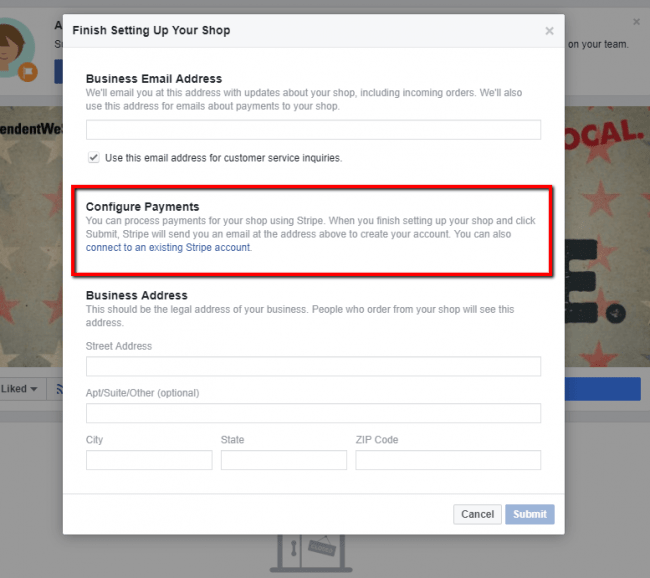 Facebook will ask you to connect your Business page with your existing Stripe account